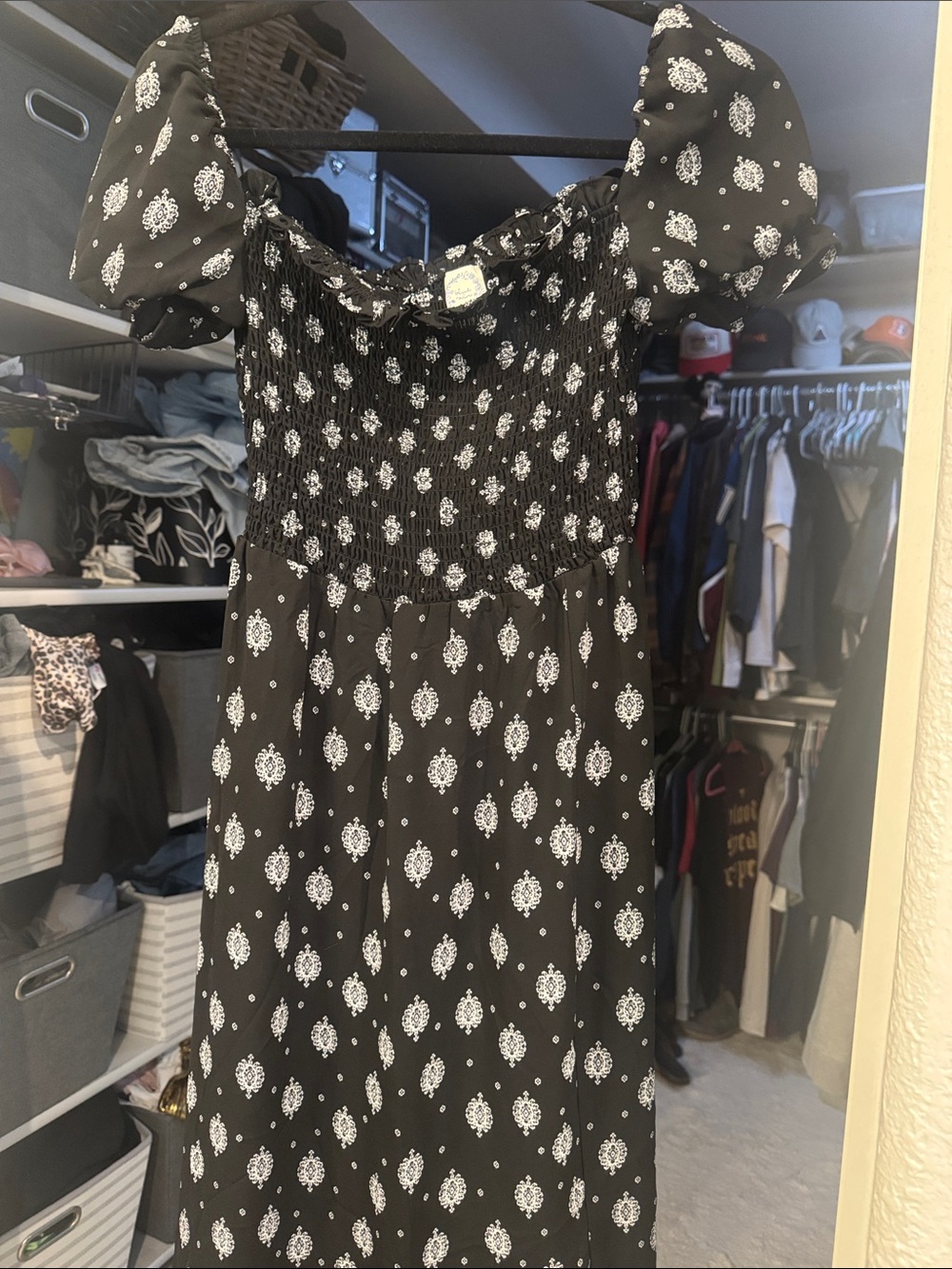 Blue Rain Black Maxi Dress with White Medallion Print